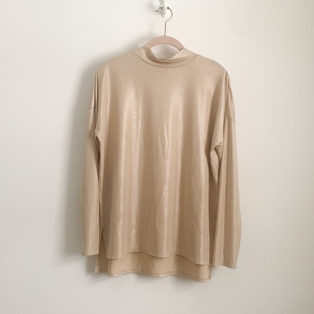 H By Halston long Sleeve mock neck Top Oversized metallic gold holiday sz Small